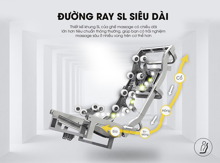 Đường ray ghế massage SL kéo dài, ôm sát cột sống giúp massage sâu.