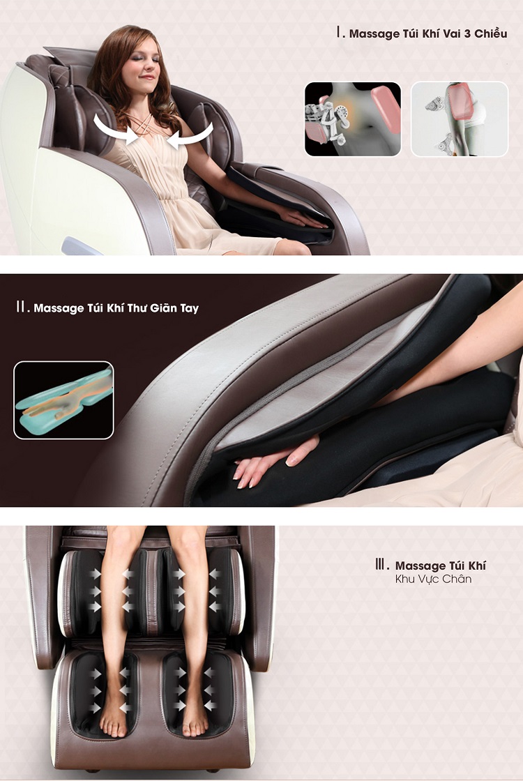 Túi khí massage đa chiều vừa êm ái, ấn sâu thư giãn cơ bắp toàn thân.