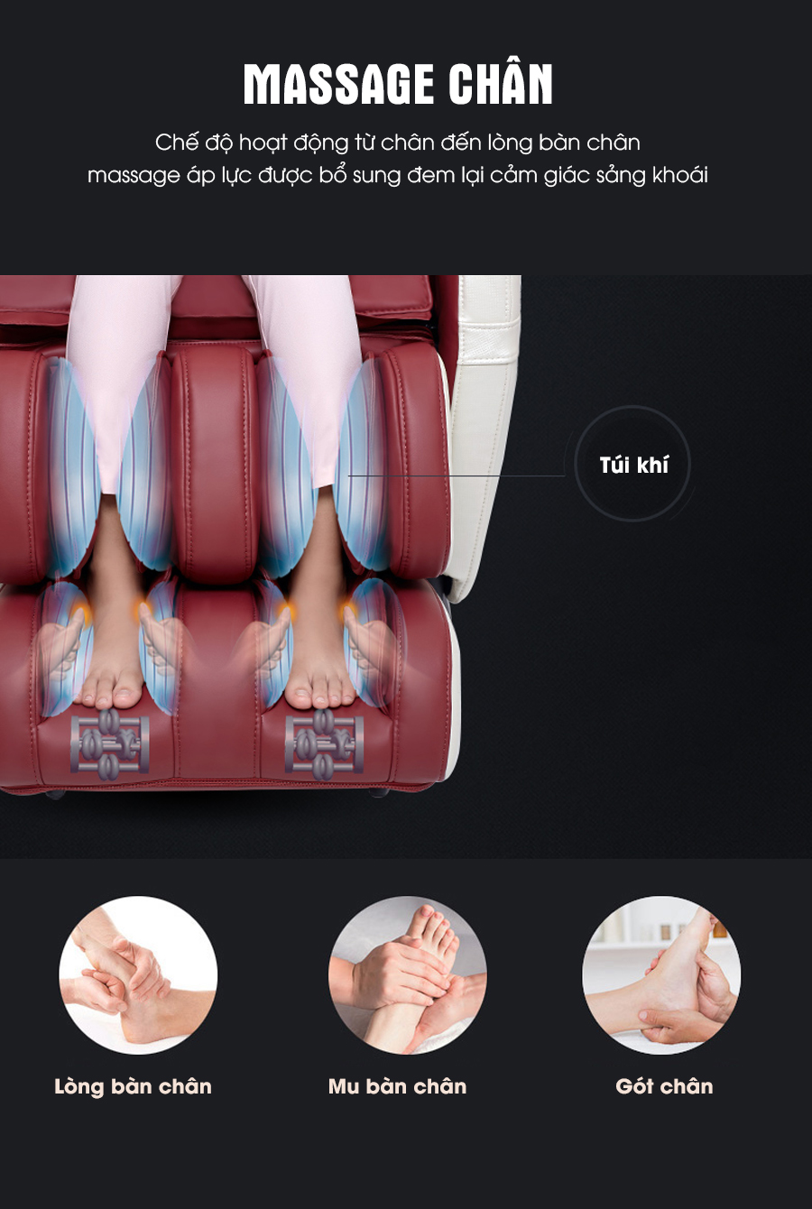 Hệ thống túi khí và con lăn massage chân chuyên biệt.