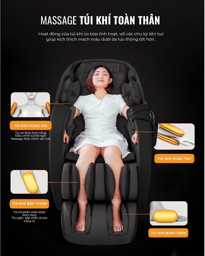 Túi khí bao trọn gần như toàn thân cho bạn massage sâu rộng hơn.